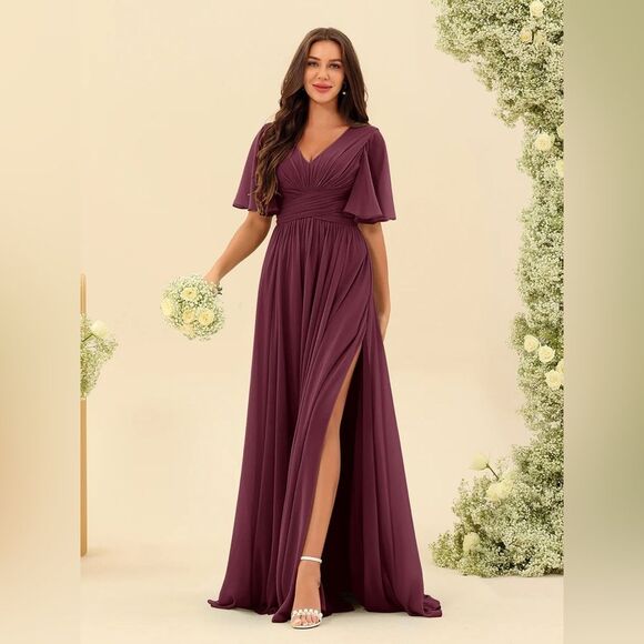Lavetir A-Line V-Neck Half Sleeves Split Side Chiffon Mulberry Bridesmaid Dress - Picture 1 of 13